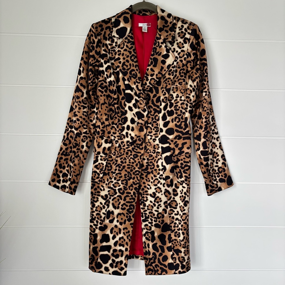Vinatge Cache Leopard Print Red Interior Trench Coat Women's Size Small